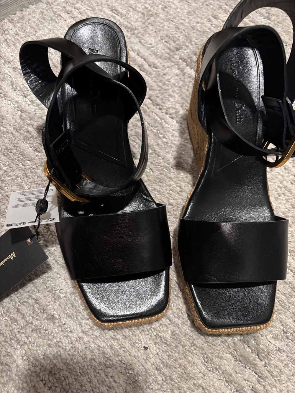 Massimo Dutti Black Leather Espadrille Wedges with Jute  size 10 - Picture 4 of 6